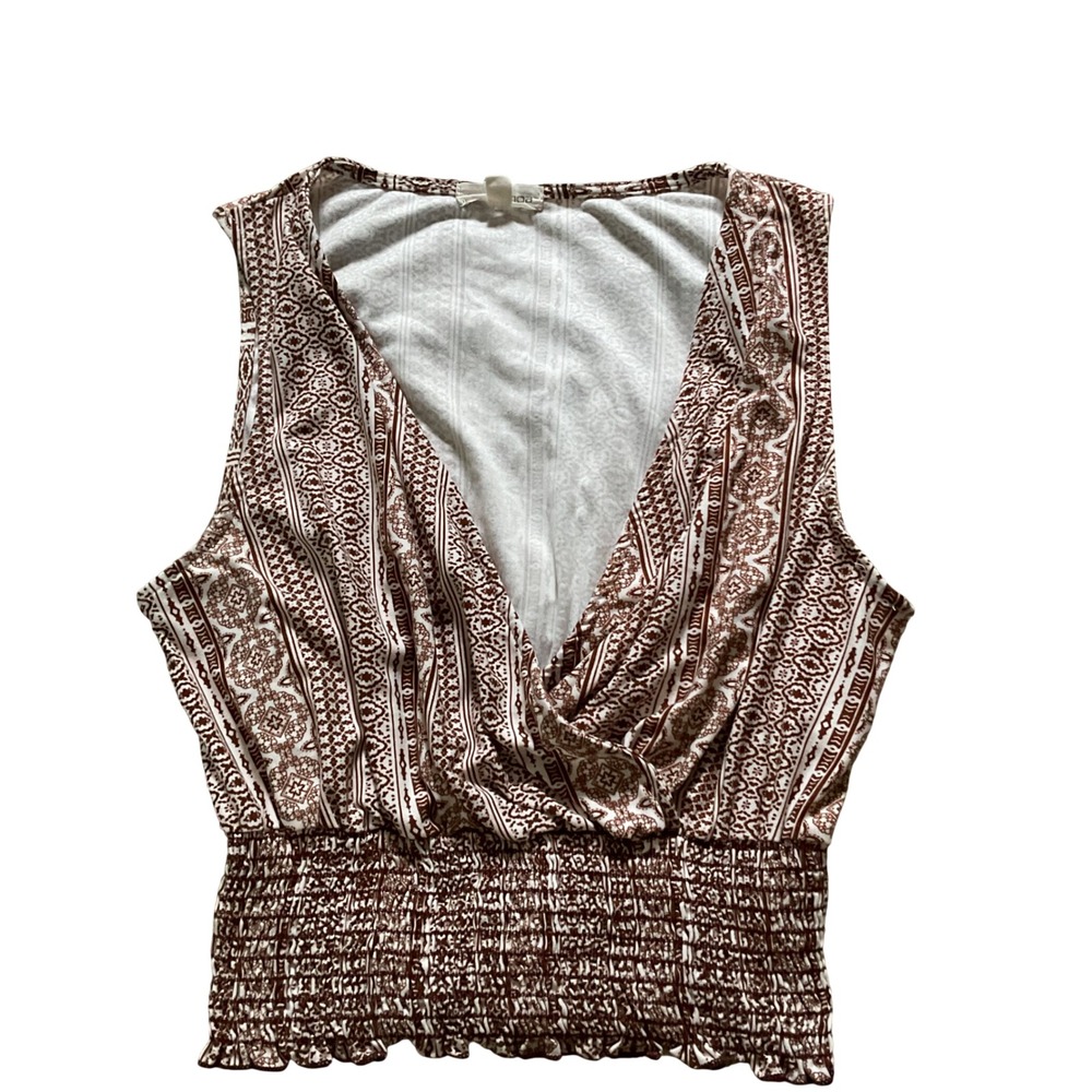 Moa Moa Brown White Geometric Medallion Print Smocked Surplice Blouse Top M